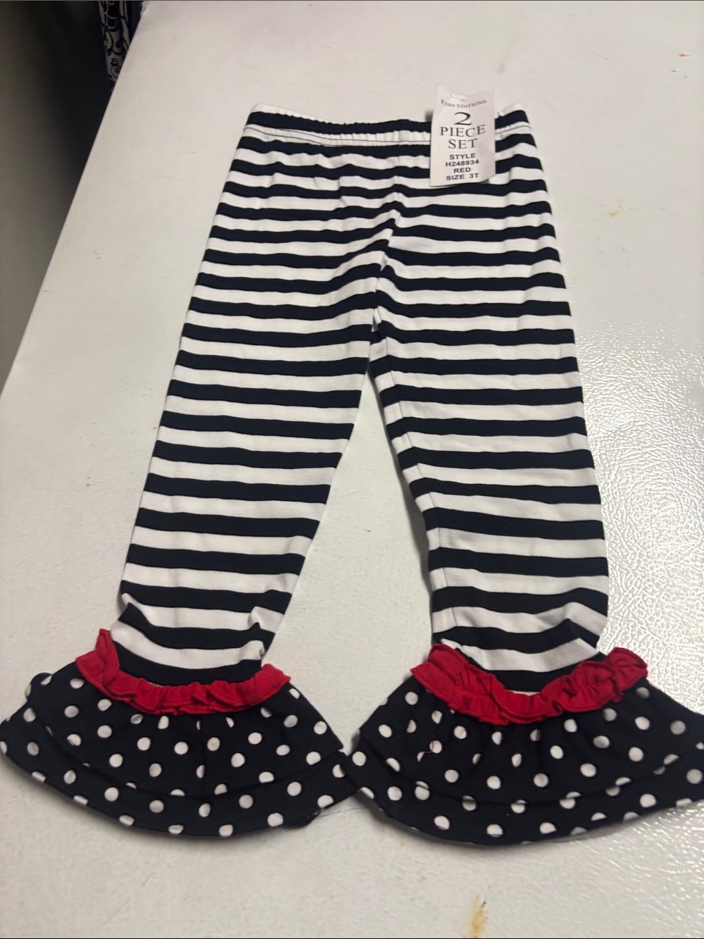 NWT Rare Editions Black & White Striped Leggings with Red Ruffle